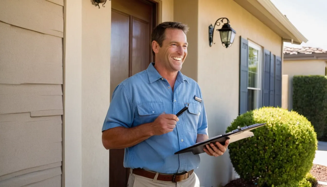 Friendly pest control provider talking with a homeowner at a stucco home in El Cajon